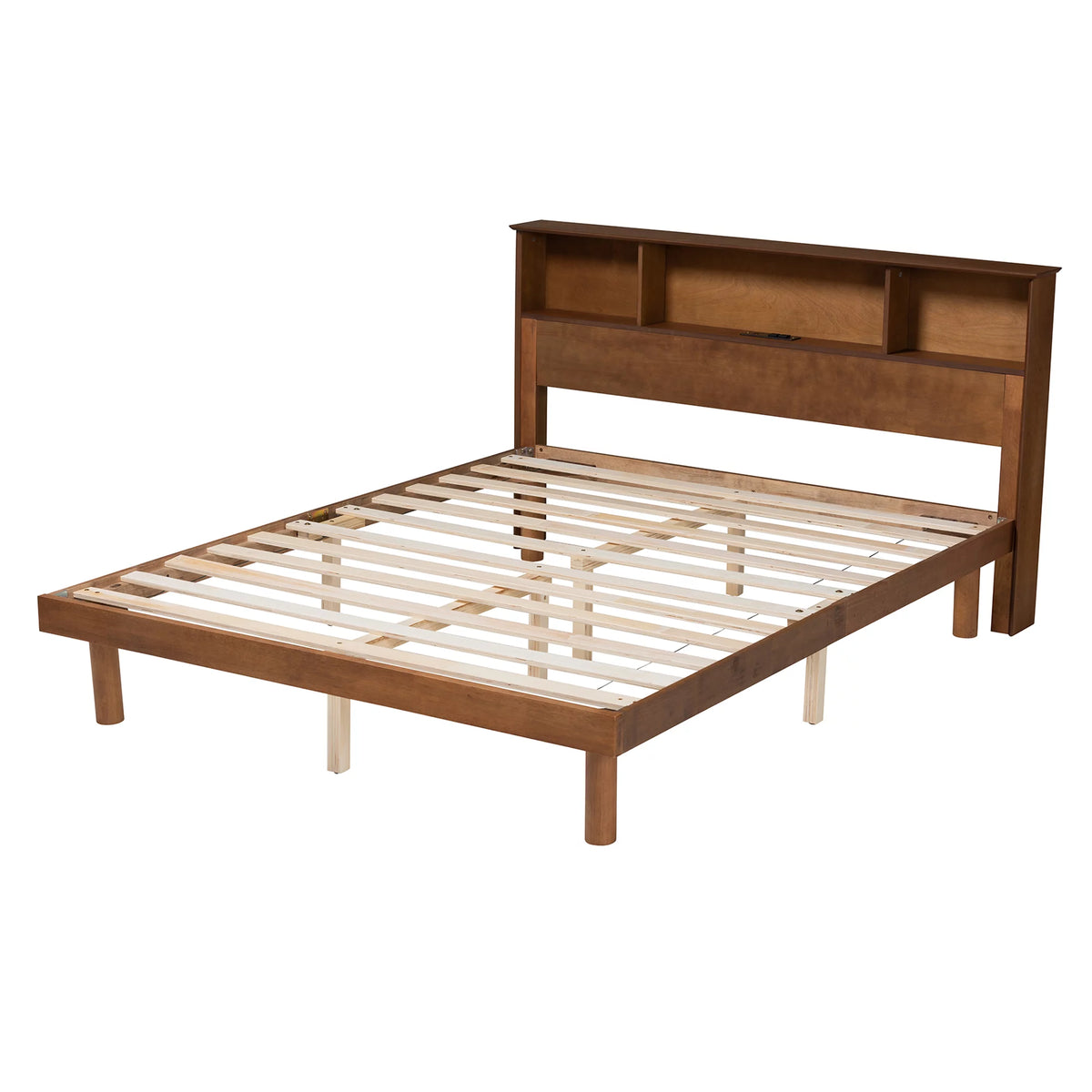 Walnut Brown Wood Queen Size Platform Bed with Charging Station M508011