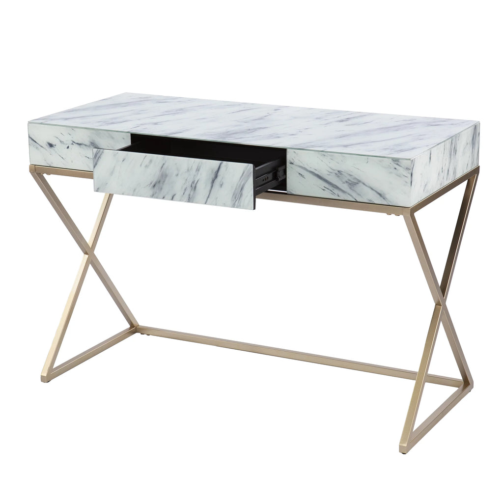 Gold Faux Marble Writing Desk with Storage H7092