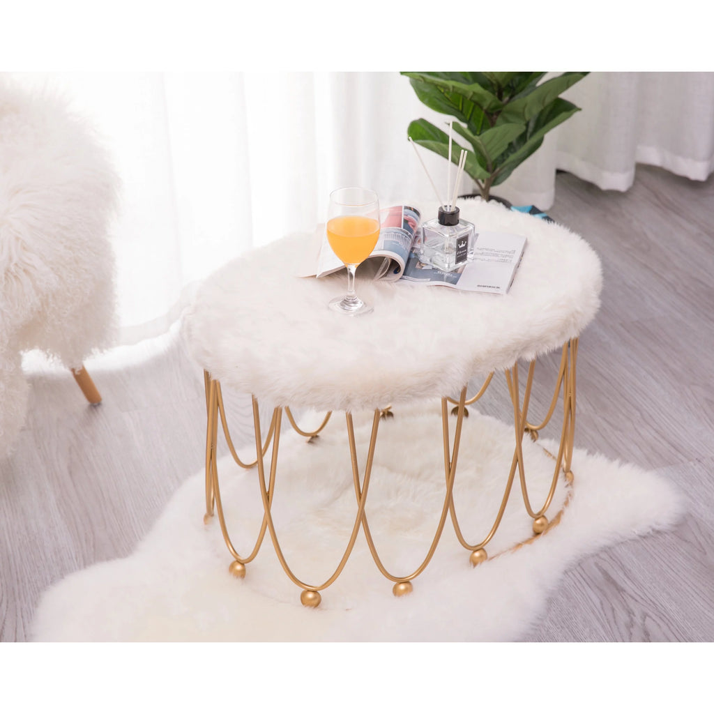 Gold Metal Side Accent Table Stools with White Fur Top Seat D8500