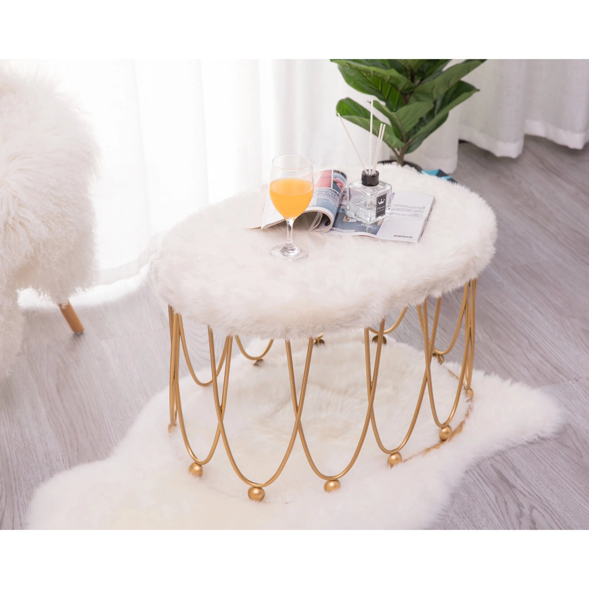 Gold Metal Side Accent Table Stools with White Fur Top Seat D8500