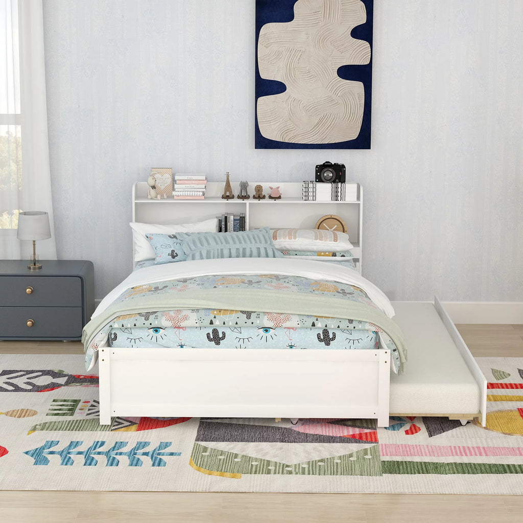 White Wood Full Size Trundle Bed with Bookcase Headboard S502