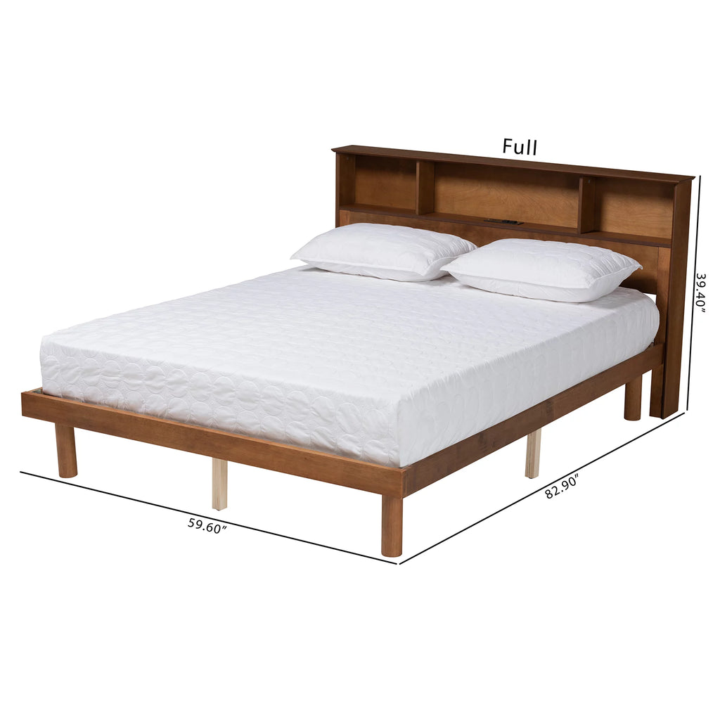 Walnut Brown Wood Queen Size Platform Bed with Charging Station M508011