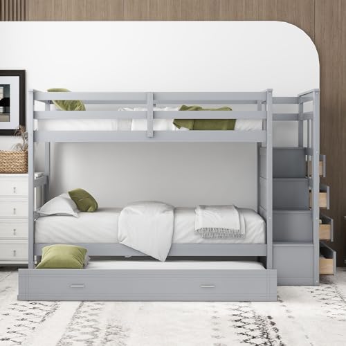 Full Over Full Wooden Bunk Bed with Trundle and Staircase N781813